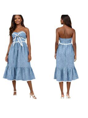 Lulus Dress Women's S Dusty Blue Swiss Polka Dot Tiered Ric Rac Strapless Retro